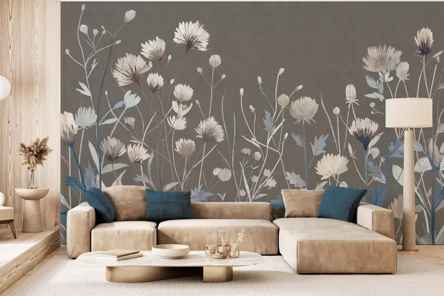Fotobehang Wilde veldgrassen en bloemen, geschilderd in een schilderachtige stijl tegen een grijsbruine achtergrond w05563v2