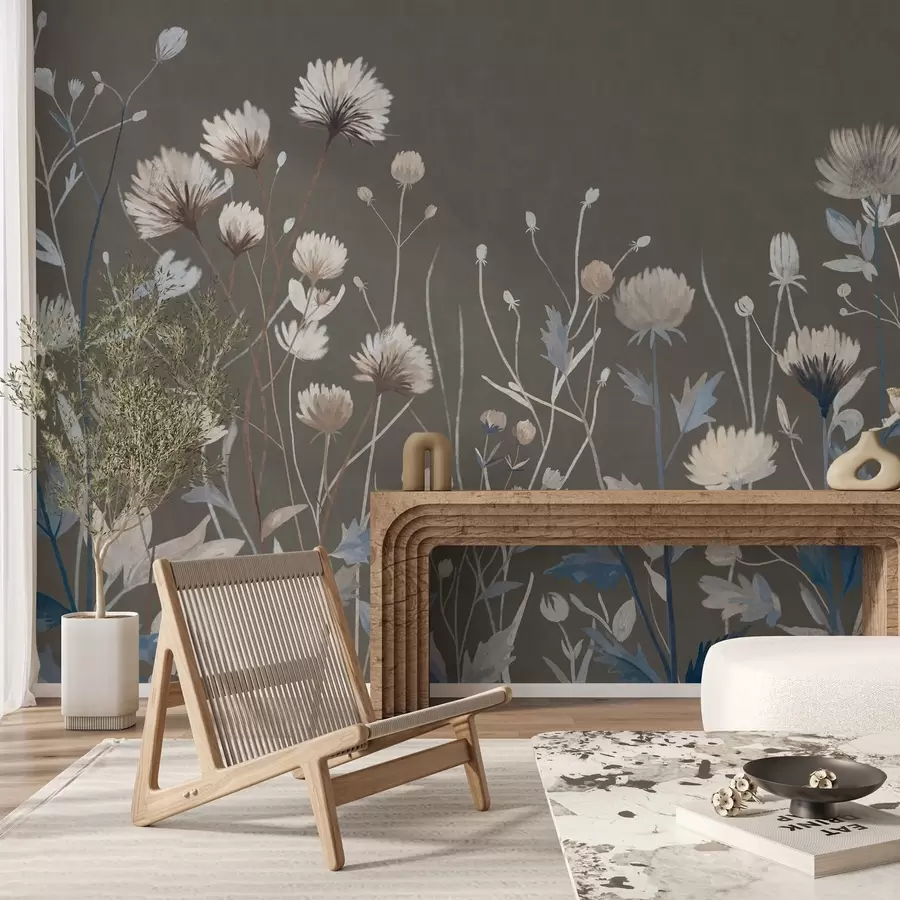 Fotobehang Wilde veldgrassen en bloemen, geschilderd in een schilderachtige stijl tegen een grijsbruine achtergrond w05563v2
