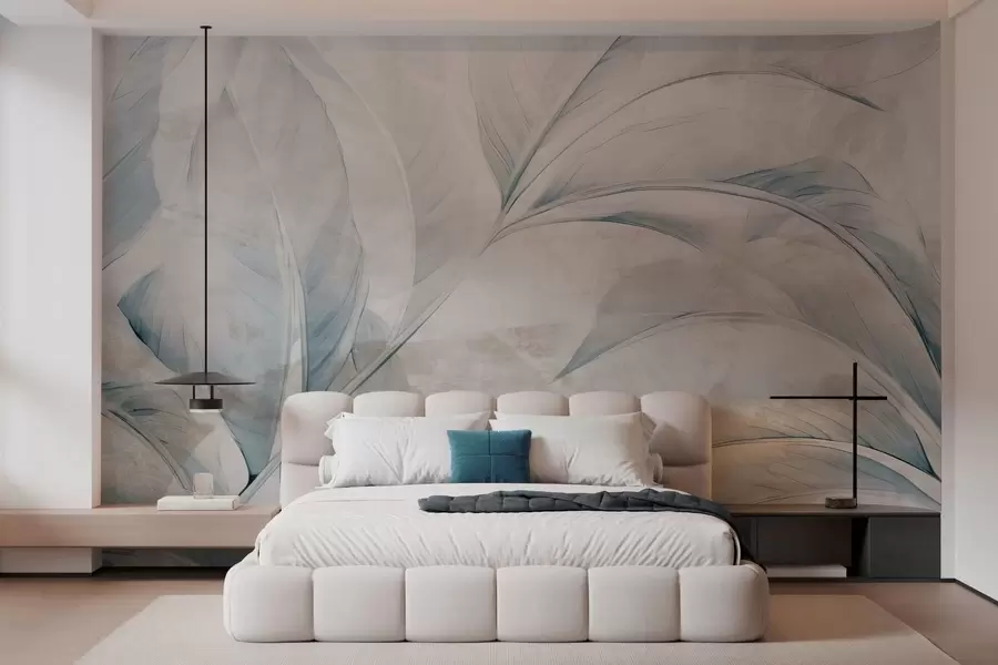 Fotobehang Bladeren op een betonnen muur w05440