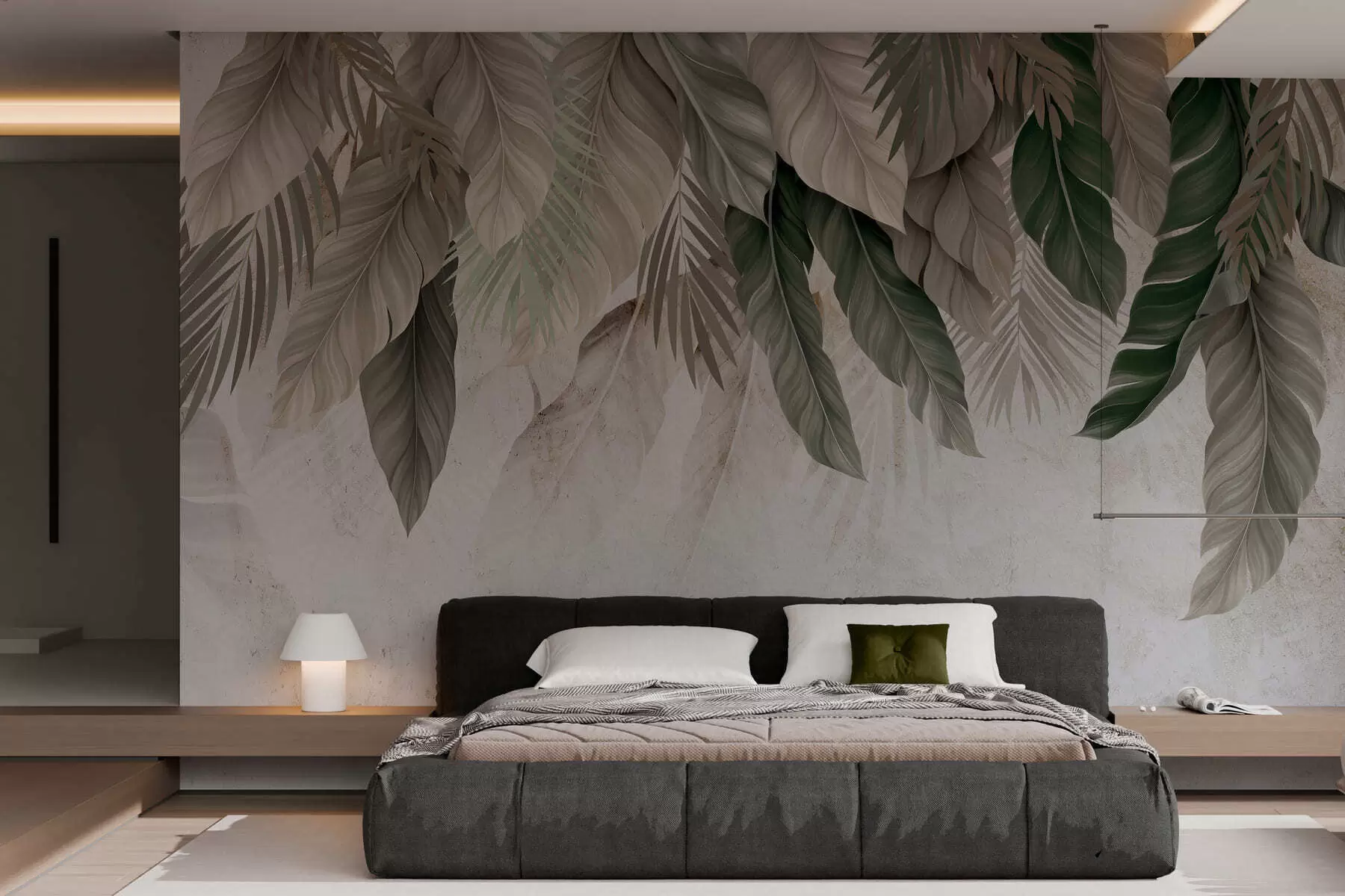 Papier peint photo Feuilles tropicales suspendues sur du béton w05521