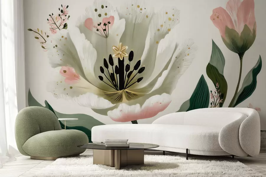 Fotobehang Een bloem met groene bladeren en zachtroze accenten in aquarelstijl w09836