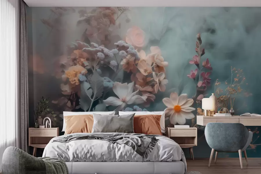 Papier peint photo Une composition envoûtante de fleurs sauvages, nappée d'une légère brume aux tons pastel w09846