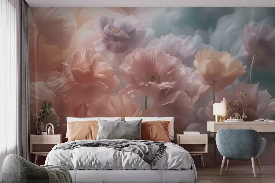 Fotobehang Luchtige bloemen met doorschijnende bloemblaadjes in het zachte ochtendlicht w09847
