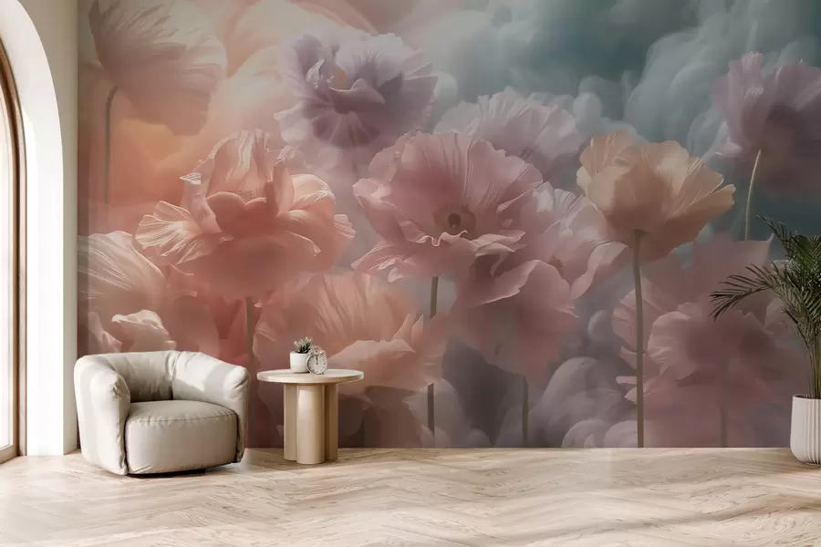 Fotobehang Luchtige bloemen met doorschijnende bloemblaadjes in het zachte ochtendlicht w09847