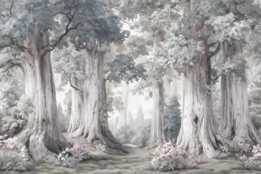 Fotobehang Een sprookjesbos met hoge bomen en een zacht, ingetogen kleurenpalet in aquarelstijl w09849