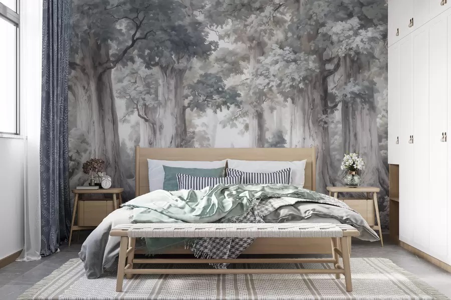 Papier peint photo Une forêt féérique avec de grands arbres et une palette de couleurs douces et discrètes, dans un style aquarelle w09849