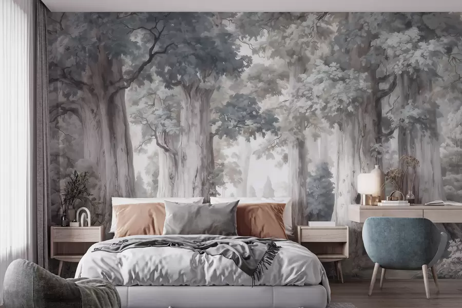 Papier peint photo Une forêt féérique avec de grands arbres et une palette de couleurs douces et discrètes, dans un style aquarelle w09849