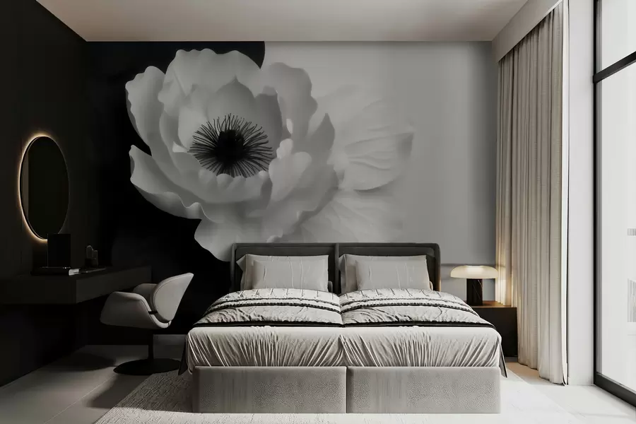 Papier peint photo Une fleur blanche contrastant avec son cœur sombre sur un fond noir et blanc w09852
