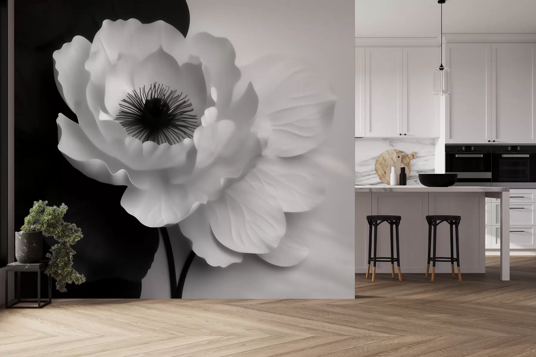 Papier peint photo Une fleur blanche contrastant avec son cœur sombre sur un fond noir et blanc w09852