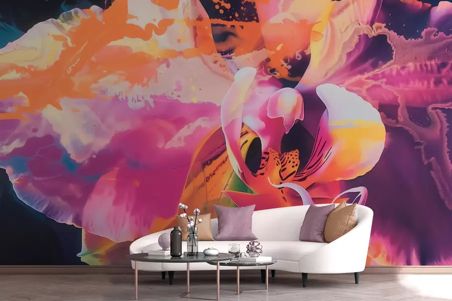 Fotobehang Een levendige, abstracte orchideebloem met rijke kleuren en dynamische vormen in aquarelstijl w09855