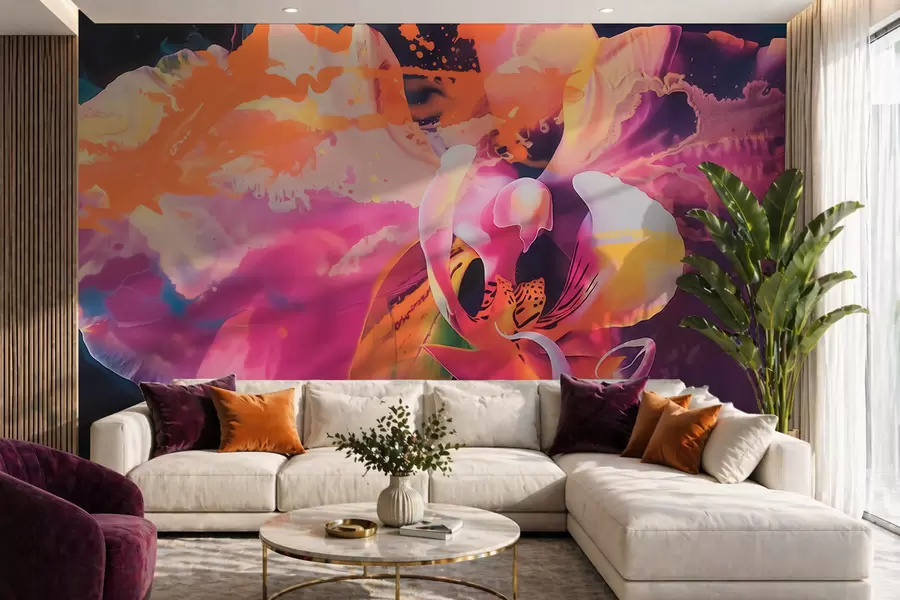 Fotobehang Een levendige, abstracte orchideebloem met rijke kleuren en dynamische vormen in aquarelstijl w09855