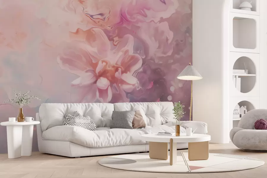 Fotobehang Een abstracte compositie met een bloem en zachtroze vervaagde tinten in aquarelstijl w09859