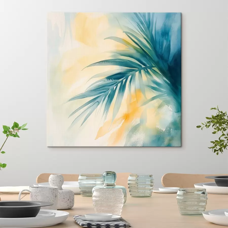  Peintures Des feuilles de palmier tropicales dans une palette bleu-turquoise, sur fond de taches d'aquarelle aux teintes chaudes s48849