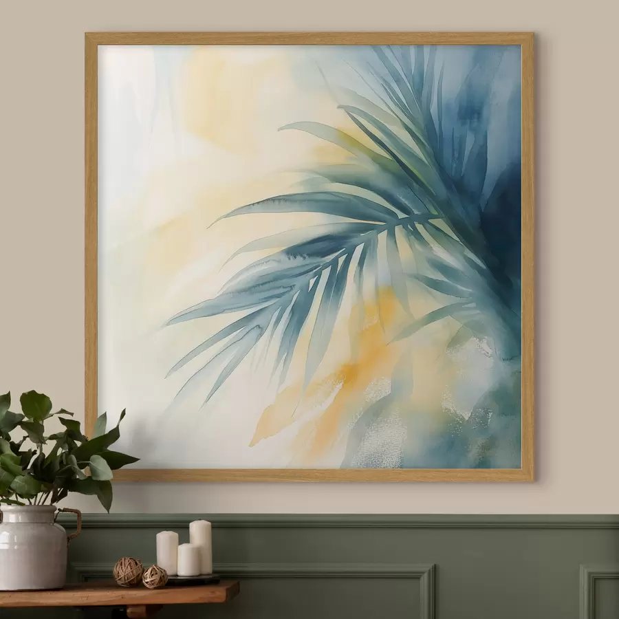 Papier peint photo Des feuilles de palmier tropicales dans une palette bleu-turquoise, sur fond de taches d'aquarelle aux teintes chaudes f48849