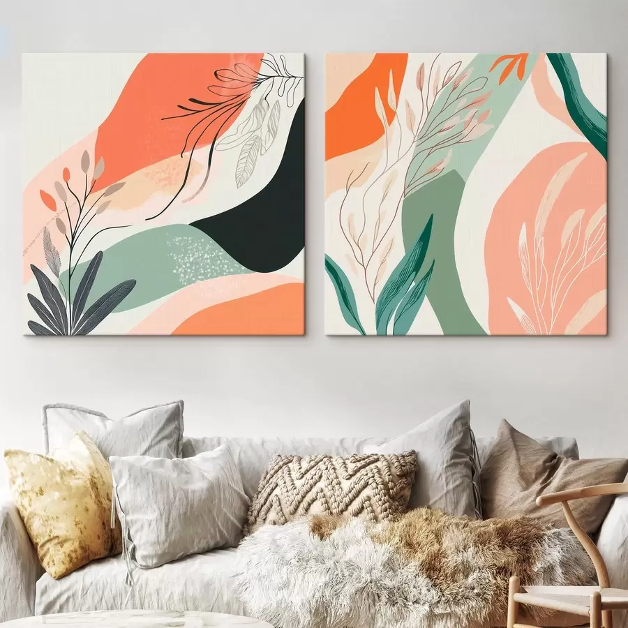  Peintures Diptyque abstrait avec des motifs végétaux et des touches de couleur, dans un style moderne m30347