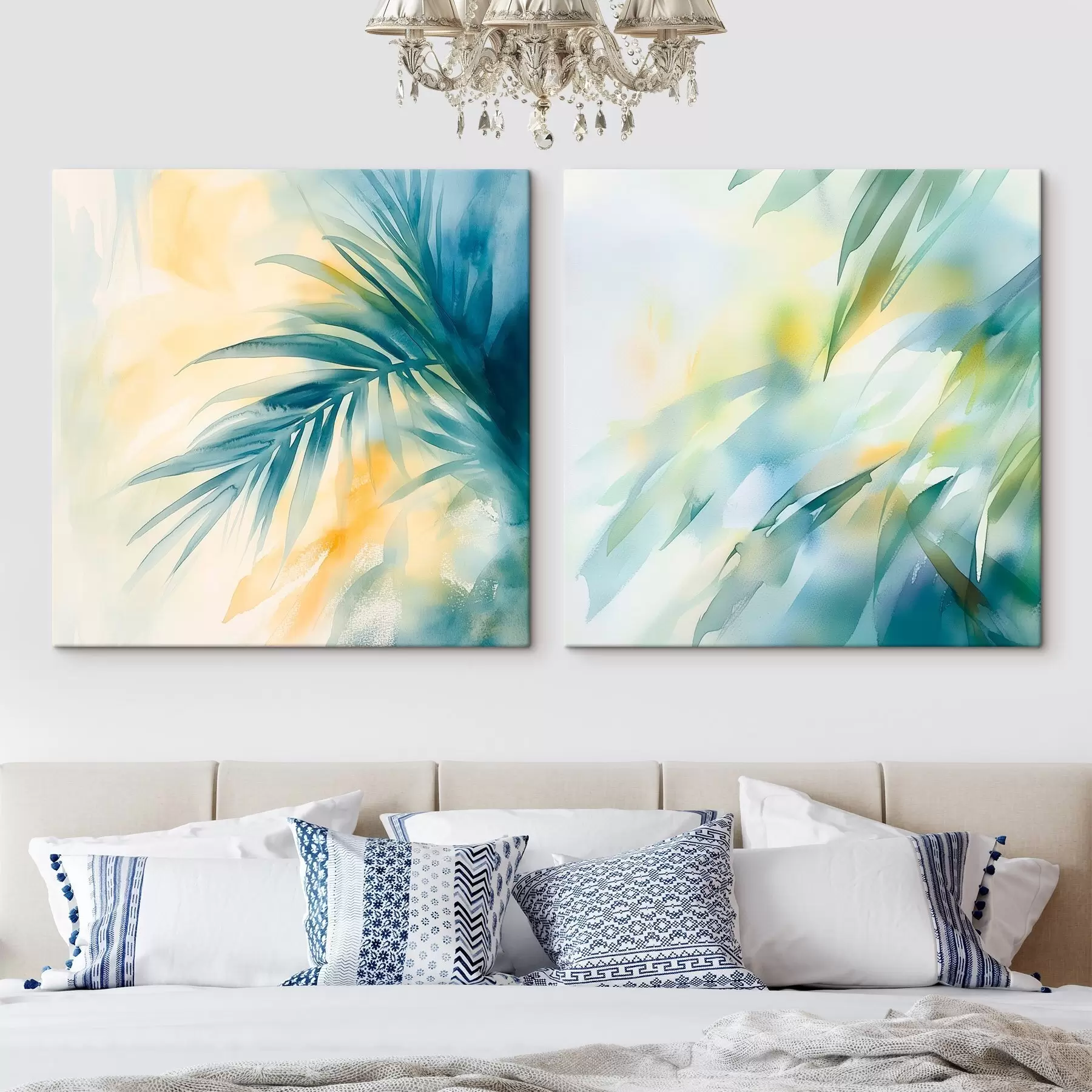 Peintures Feuilles tropicales dans une palette de couleurs turquoise et jaune, dans un style aquarelle m30351