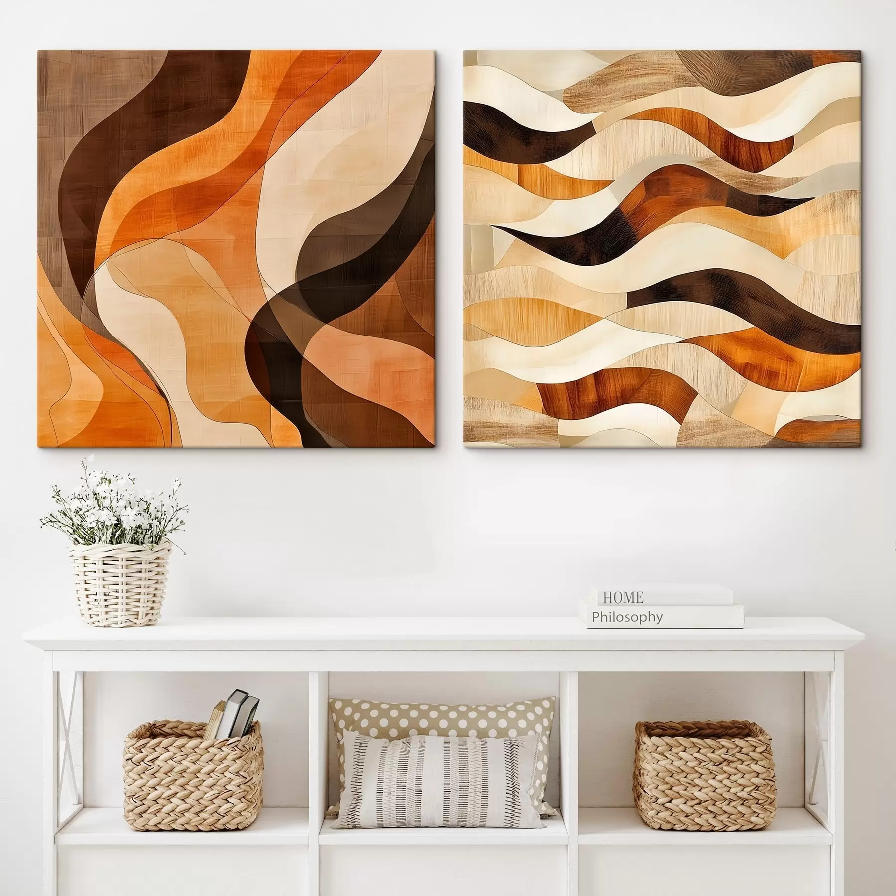  Schilderijen Abstracte compositie met golvende lijnen in warme bruin-beige tinten m30352