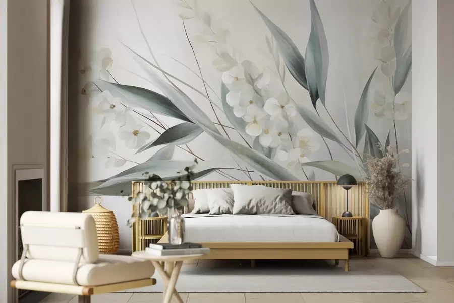 Fotobehang Verfijnde bloemen en lange groene bladeren in een schilderachtige stijl met subtiele penseelstreken, kunst met textuur w09827