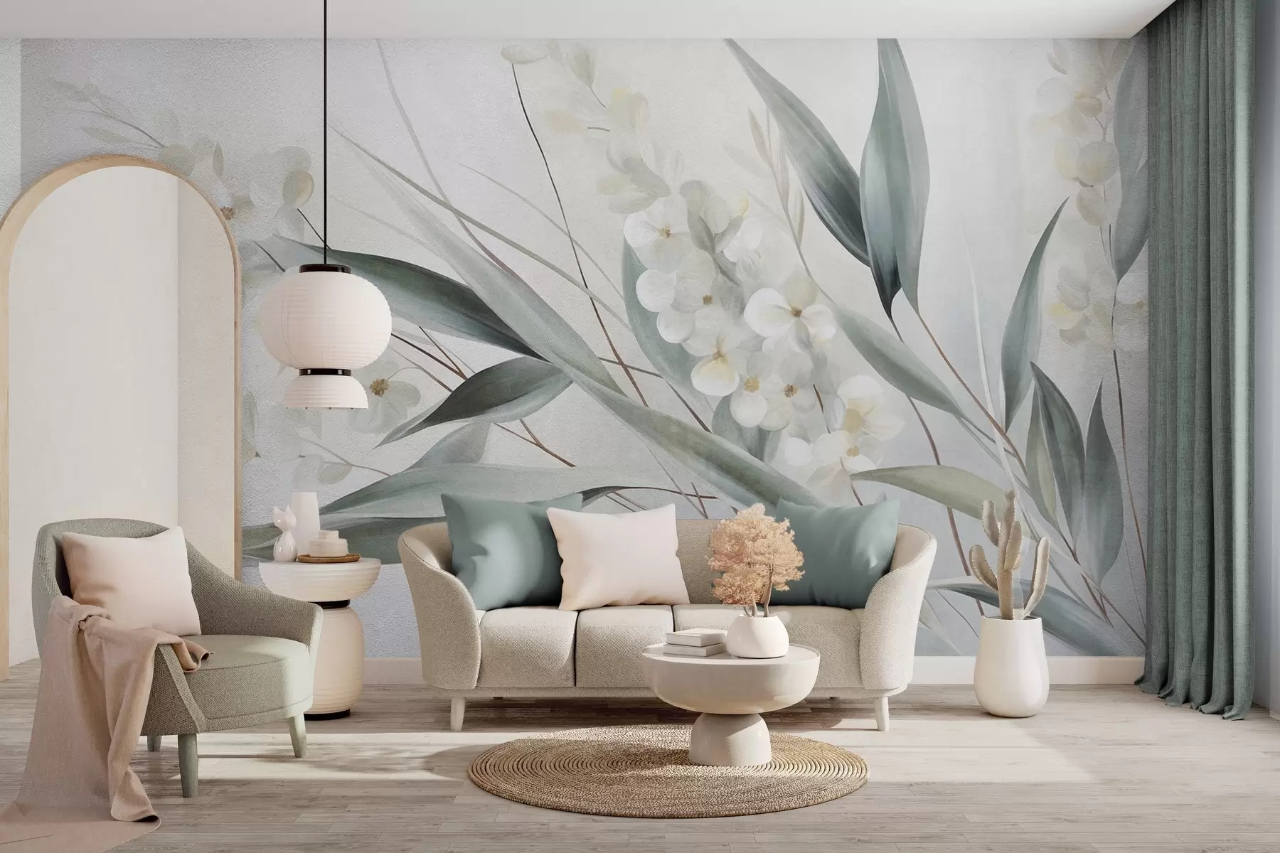 Papier peint photo Des fleurs délicates et de longues feuilles vertes, dans un style pictural aux coups de pinceau subtils, une œuvre d'art texturée w09827