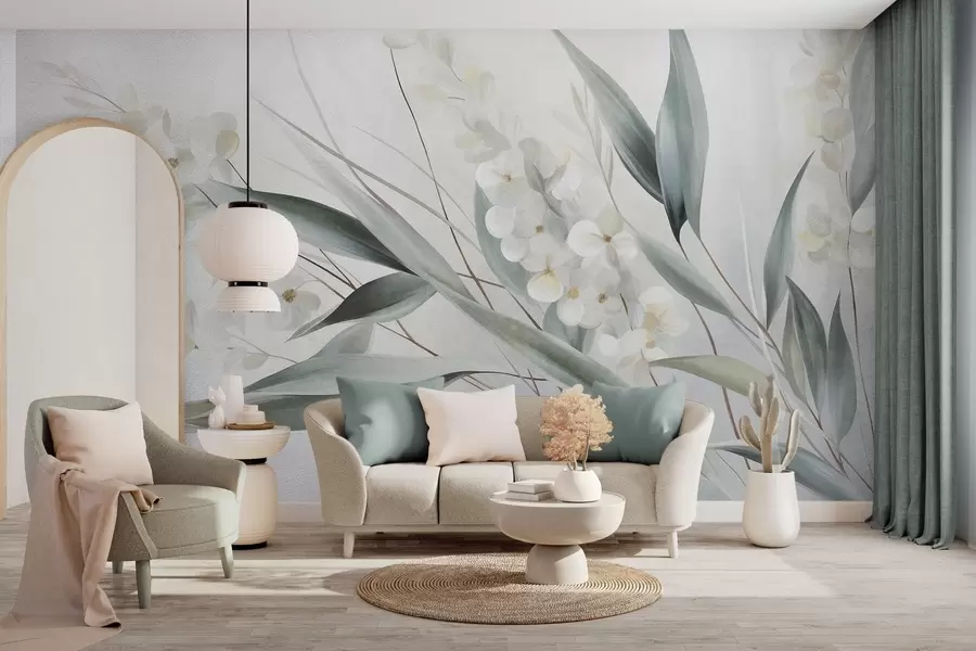 Fotobehang Verfijnde bloemen en lange groene bladeren in een schilderachtige stijl met subtiele penseelstreken, kunst met textuur w09827
