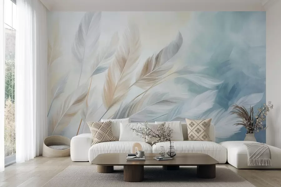 Fotobehang Pastelkleurige veren met een gestructureerd oppervlak en zachte, luchtige randen, tegen een achtergrond in aquarelstijl w09833
