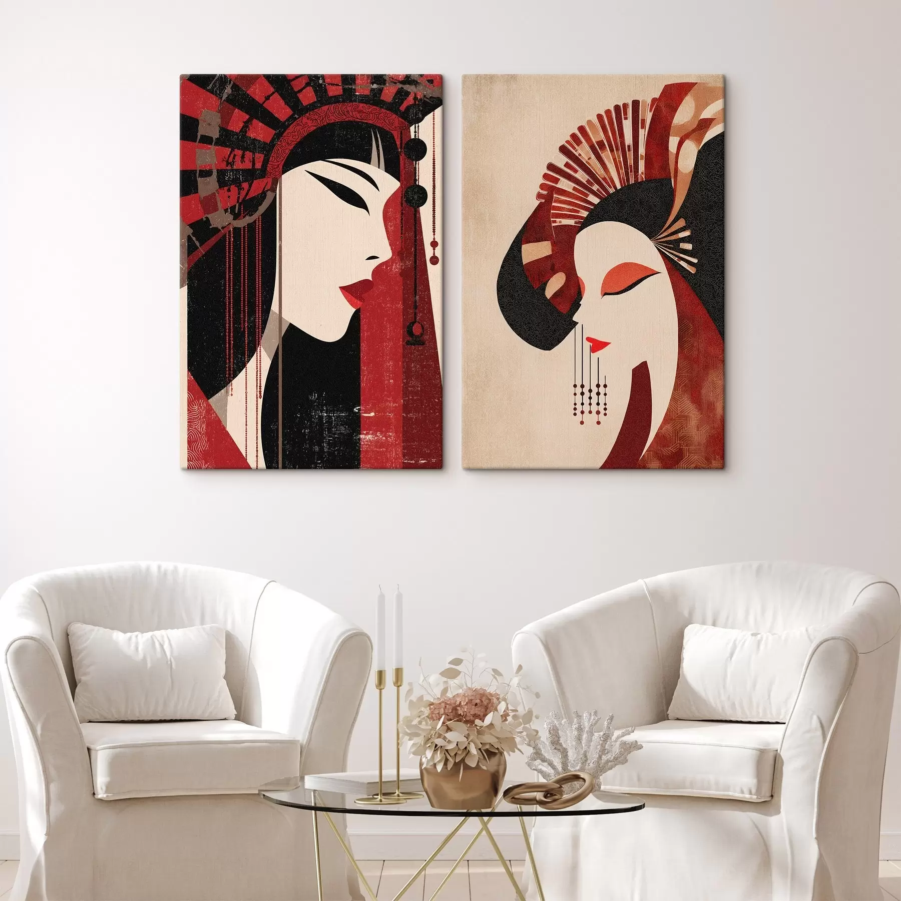  Peintures portrait stylisé d'une femme, inspiré des esthétiques japonaise et Art déco m30431