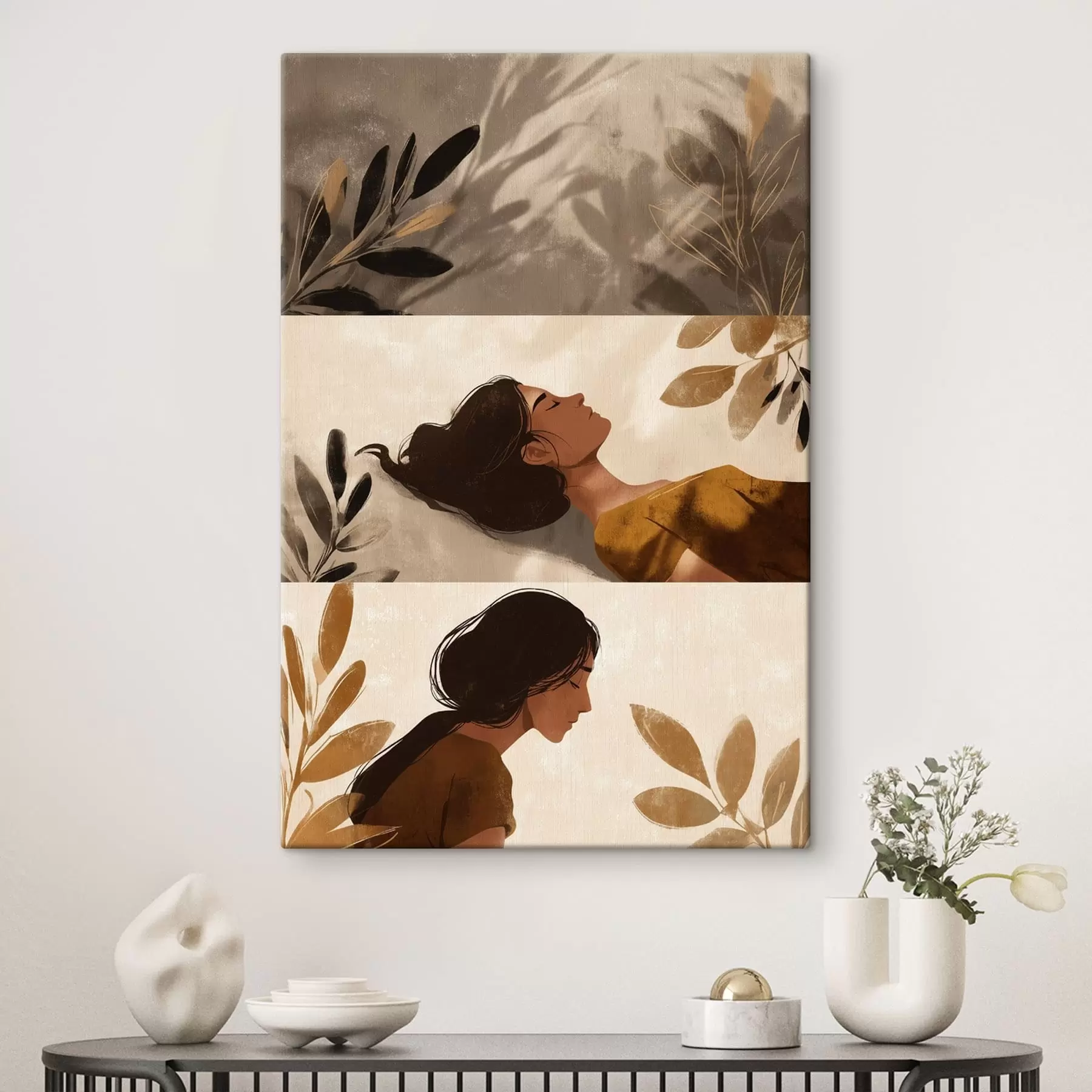  Peintures Triptyque « Femme aux feuilles » s49018