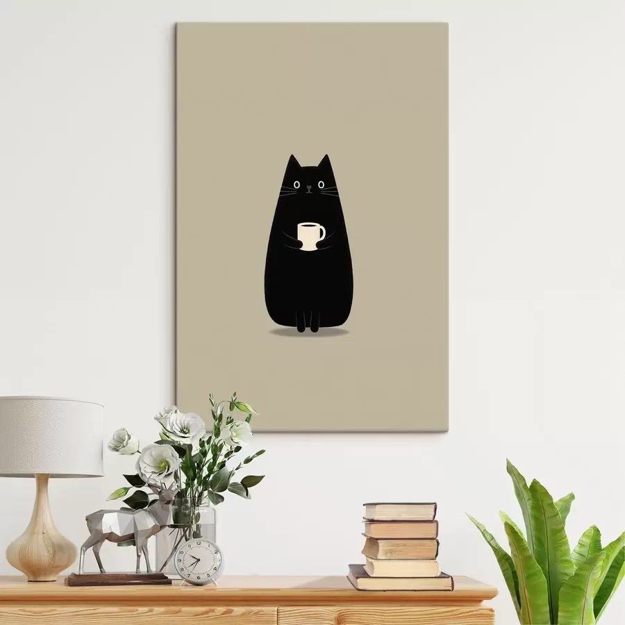  Peintures Un chat noir avec une tasse s49030