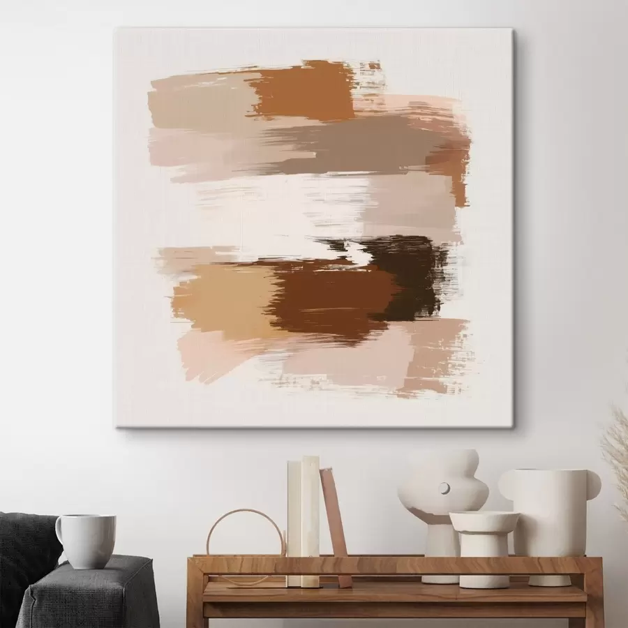  Peintures Scène minimaliste avec des coups de pinceau horizontaux dans des tons café et terre cuite s48858