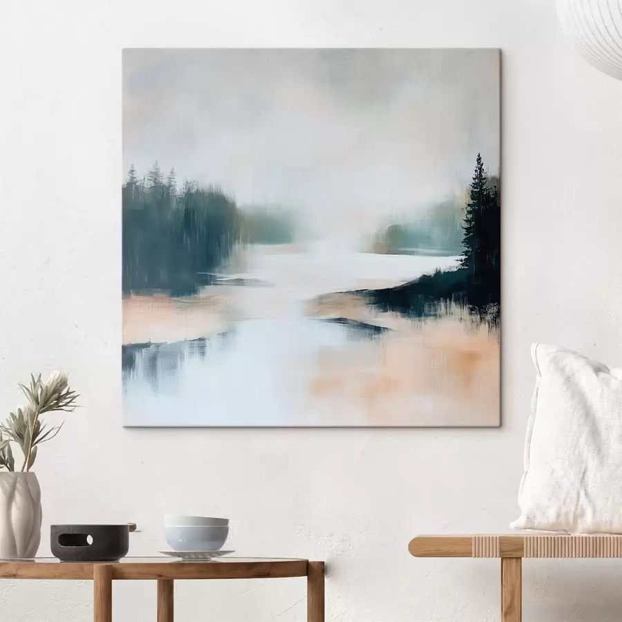  Peintures Paysage forestier abstrait dans des tons roses et bleus, dans un style pictural contemporain s48862