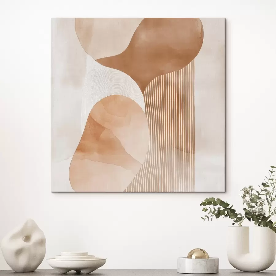  Peintures Objets décoratifs dans une palette de tons beiges et corail chaleureux, avec un effet aquarelle s48870