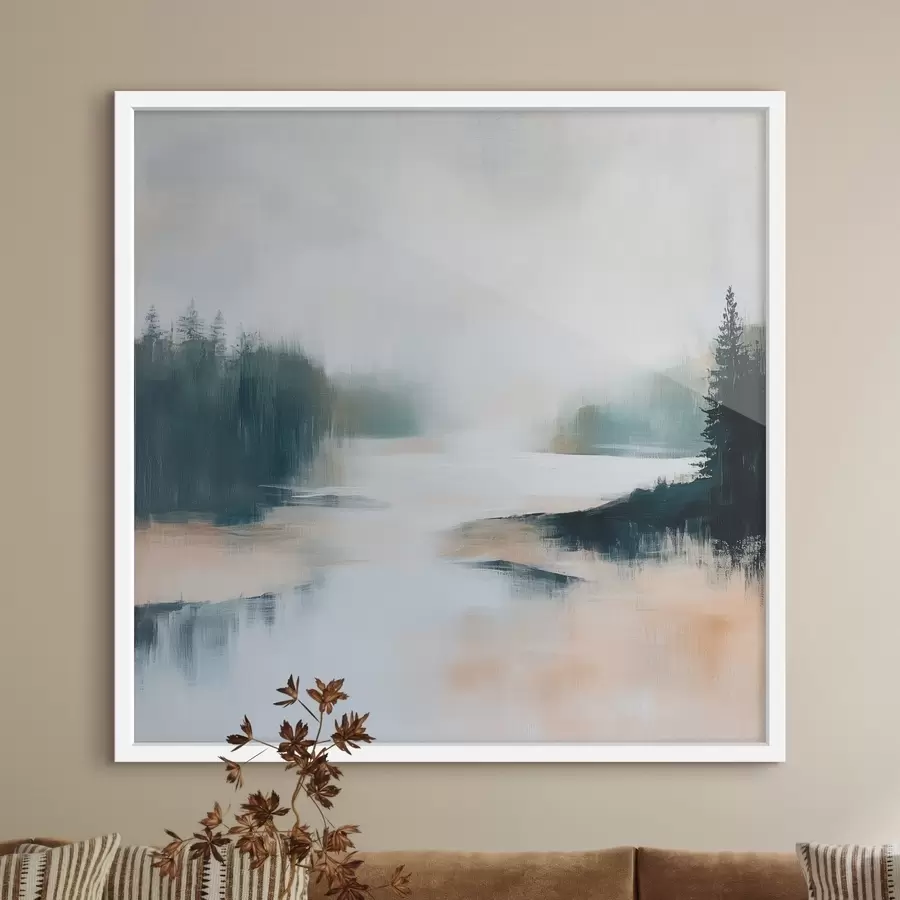 Papier peint photo Paysage forestier abstrait dans des tons roses et bleus, dans un style pictural contemporain f48862