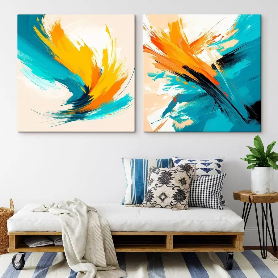  Peintures Des coups de pinceau dynamiques dans une palette turquoise-orange, dans un style d'art contemporain m30354