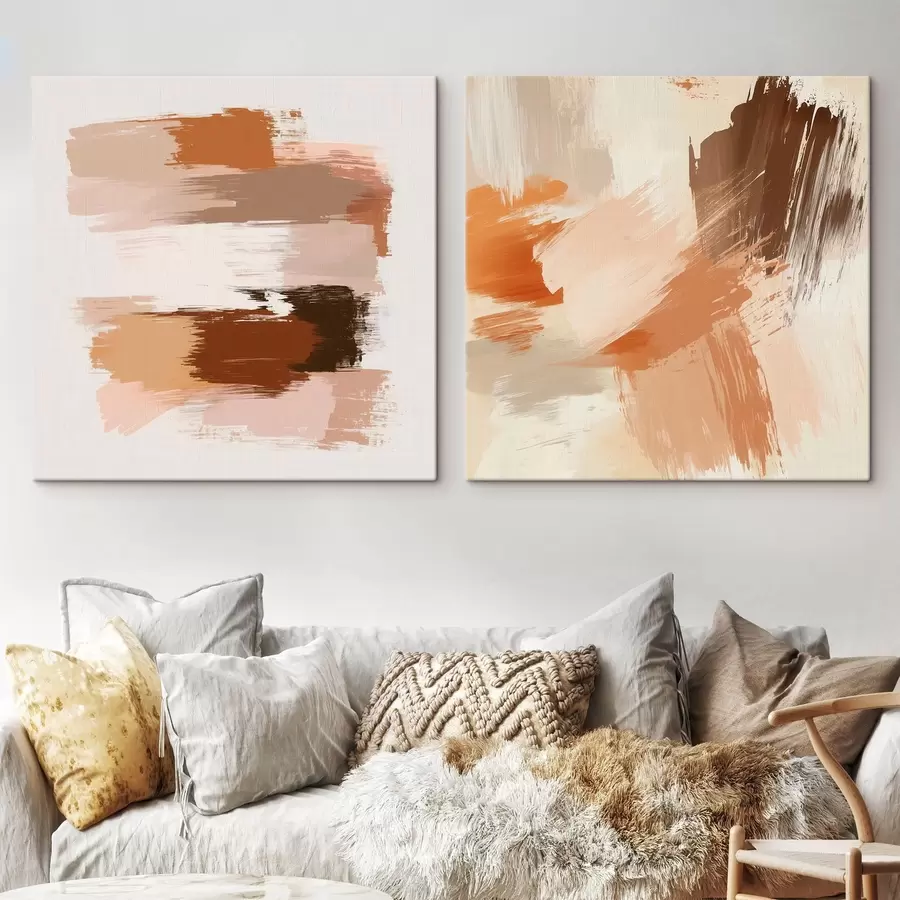  Peintures Objets décoratifs dans des tons chauds brun-beige, avec un effet de coup de pinceau pictural m30355