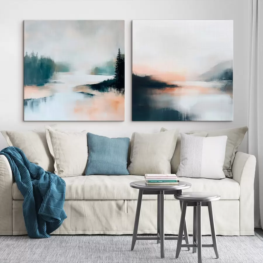  Peintures Paysage brumeux avec des conifères et un lac, dans un style pictural contemporain m30357