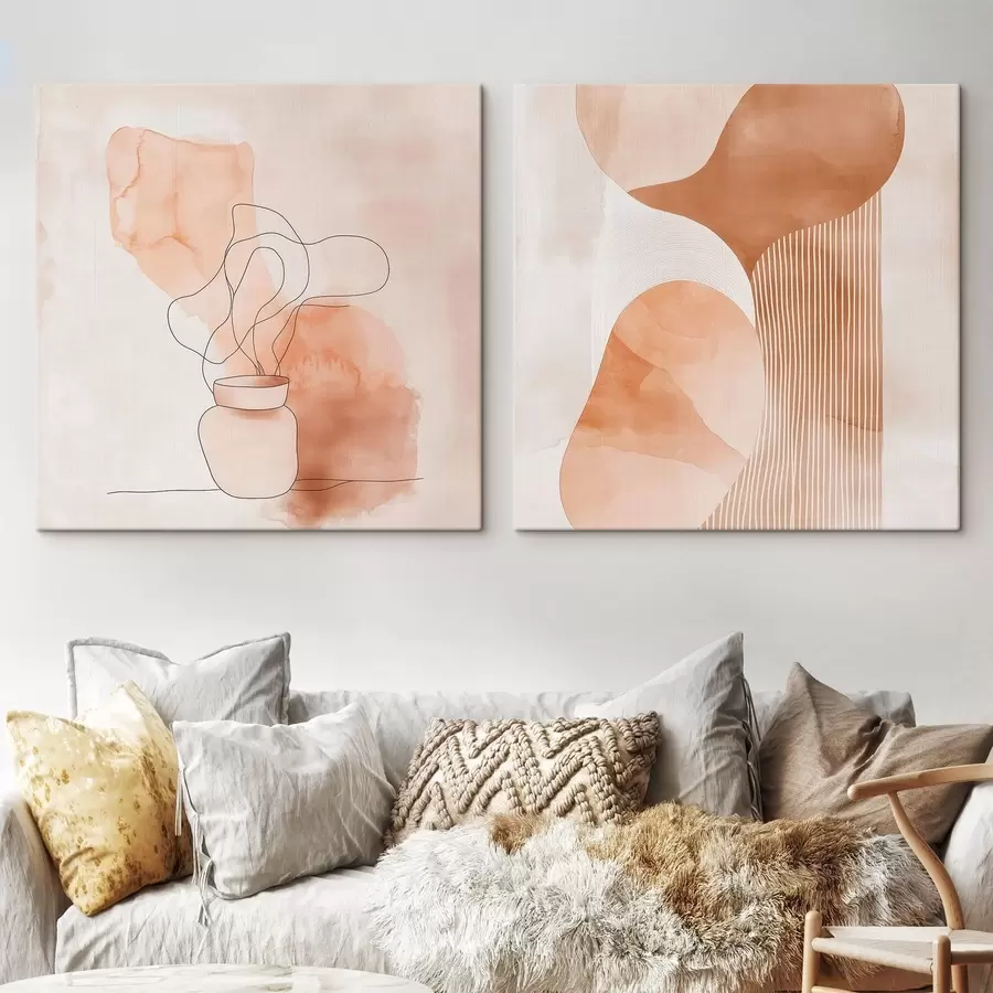  Peintures Des formes abstraites dans une palette de tons beige-pêche, rehaussées de lignes épurées dans un style minimaliste m30361