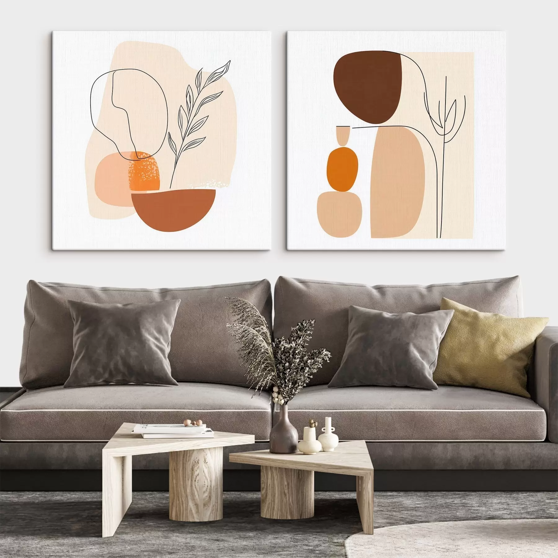  Schilderijen Abstracte bloemen in een warm beige-koraalkleurig palet: illustratie in minimalistische stijl m30362