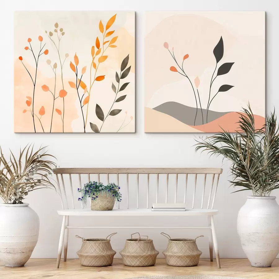  Peintures Diptyque floral aux tons chauds beige-corail, rehaussé de lignes graphiques dans un style minimaliste m30363