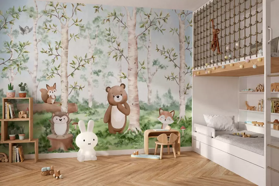 Fotobehang Een kinderillustratie van een bos met een beer, een vos en een egel w05532