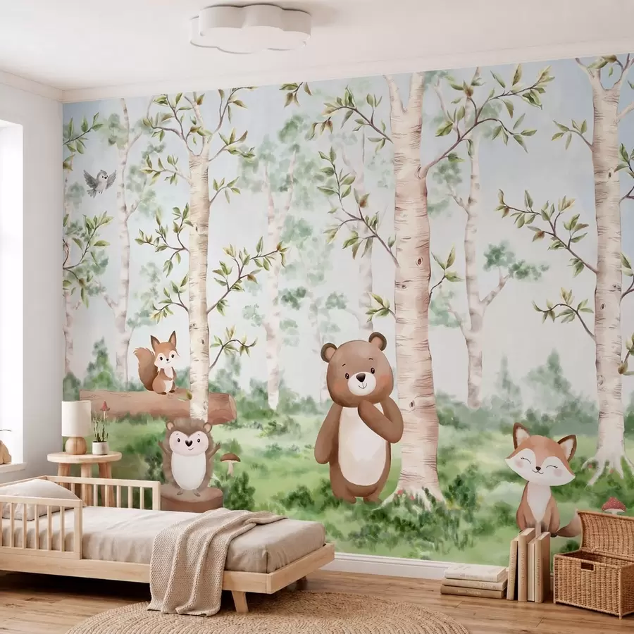 Papier peint photo Une illustration pour enfants représentant une forêt avec un ours, un renard et un hérisson w05532