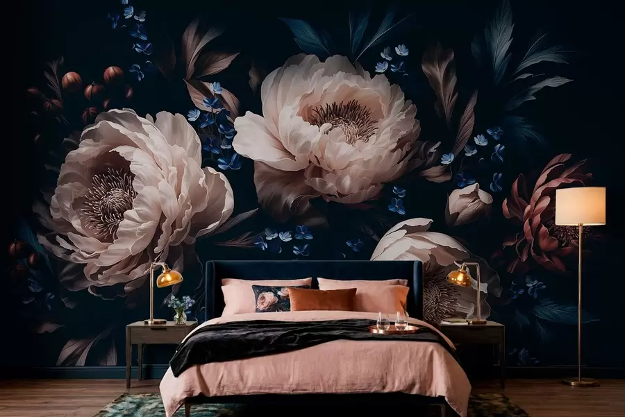 Papier peint photo Composition florale sombre composée de grandes fleurs et de feuilles w05533