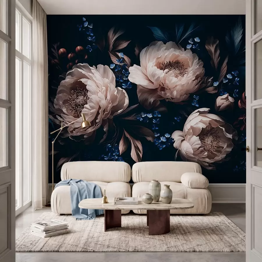 Papier peint photo Composition florale sombre composée de grandes fleurs et de feuilles w05533