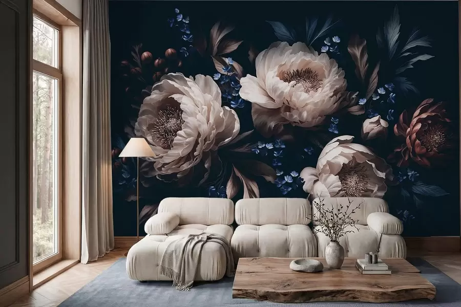 Fotobehang Donkere bloemstuk met grote bloemen en bladeren w05533