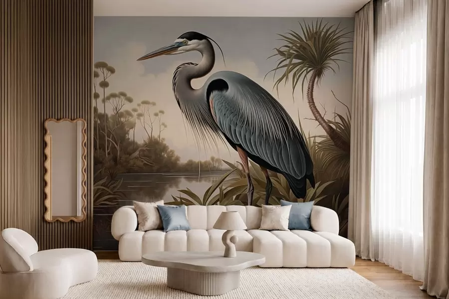 Fotobehang Een reiger bij het water tussen de planten aan de oever w05572