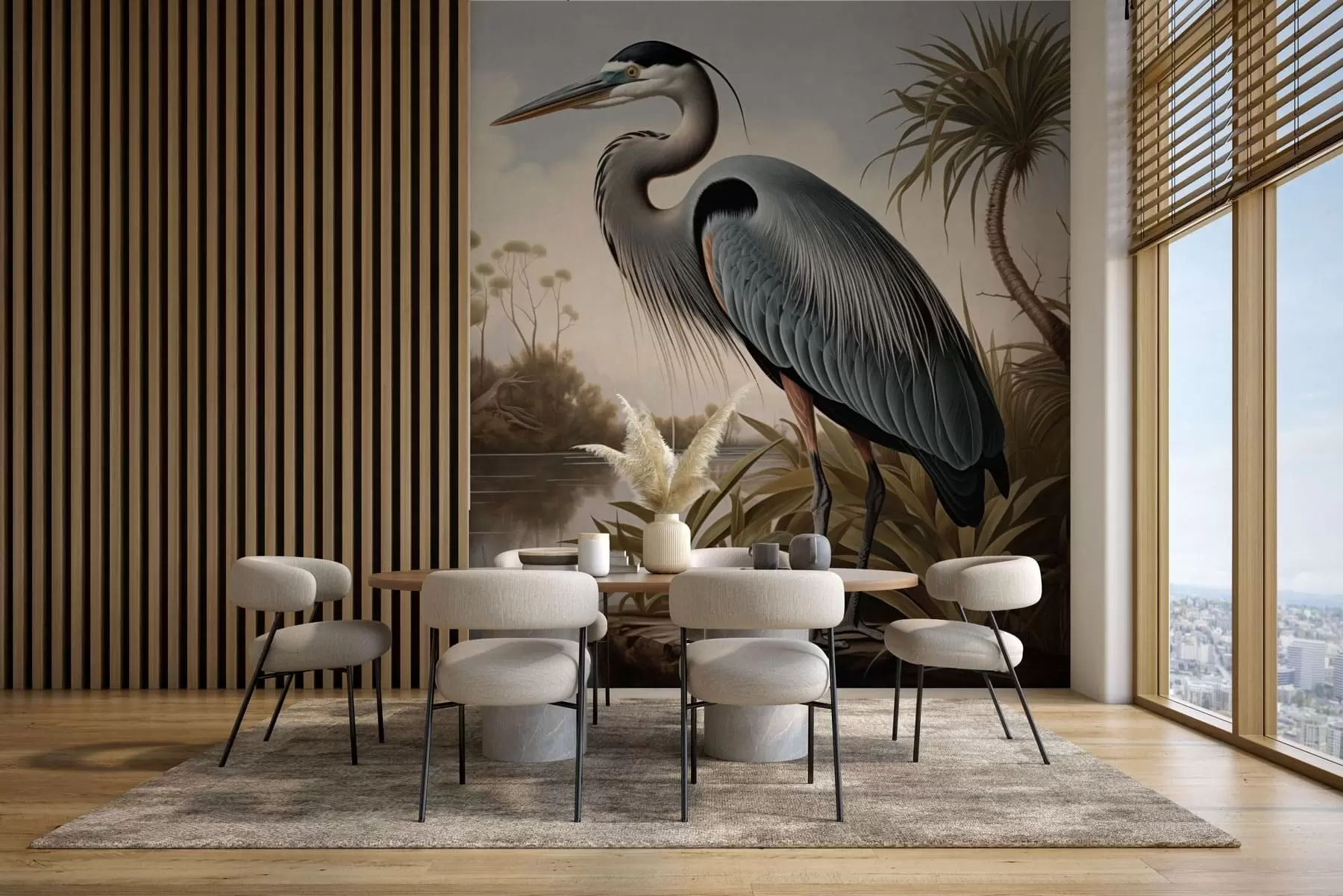 Fotobehang Een reiger bij het water tussen de planten aan de oever w05572