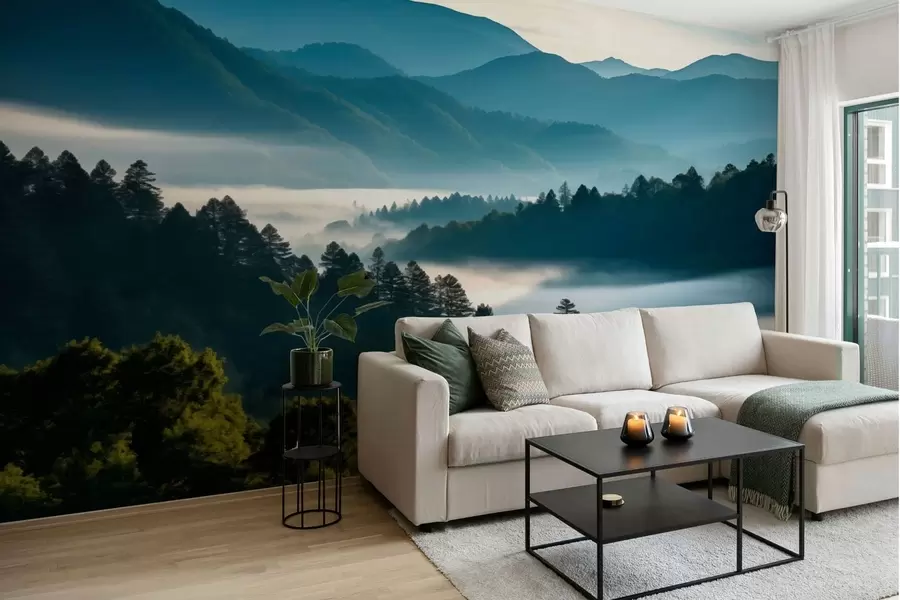 Fotobehang Berglandschap met mist en bossen bij zonsopgang w05573