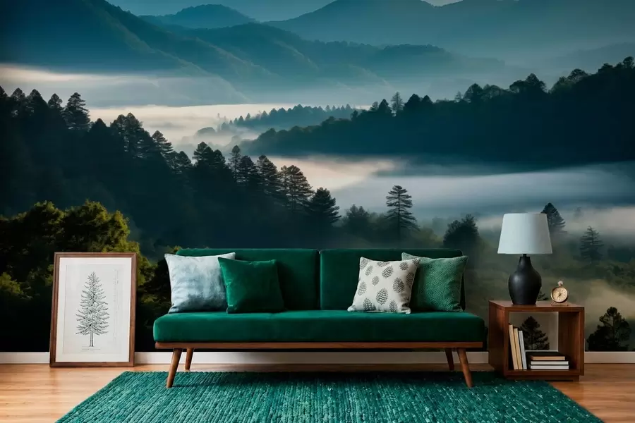 Fotobehang Berglandschap met mist en bossen bij zonsopgang w05573