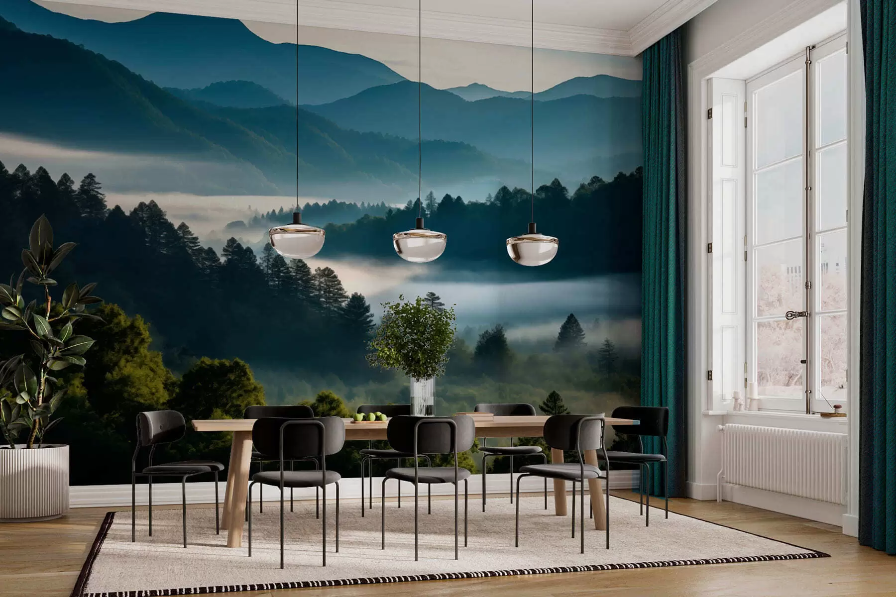 Fotobehang Berglandschap met mist en bossen bij zonsopgang w05573