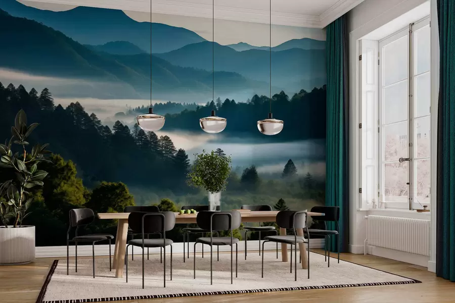 Fotobehang Berglandschap met mist en bossen bij zonsopgang w05573