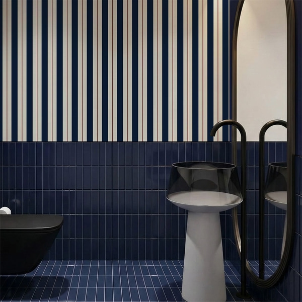 Behang Donkerblauwe strepen met dunne rode lijnen, Behang geometrie, Behang geometrie strepen, a01183v4 : Uwalls.be